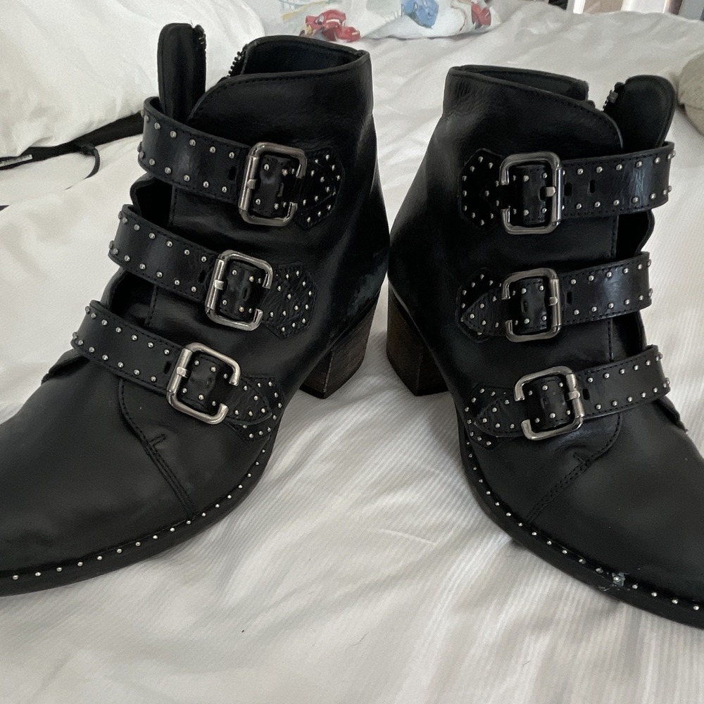 Paul Green Black Leather Studded Triple Buckle Ankle Bootie US 7 EU 38